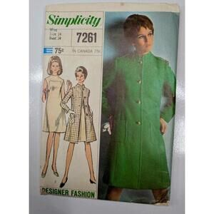 Designer Fashion Dress & Coat Patten Simplicity 7261 Size 14 Bust 34 1960s Cut